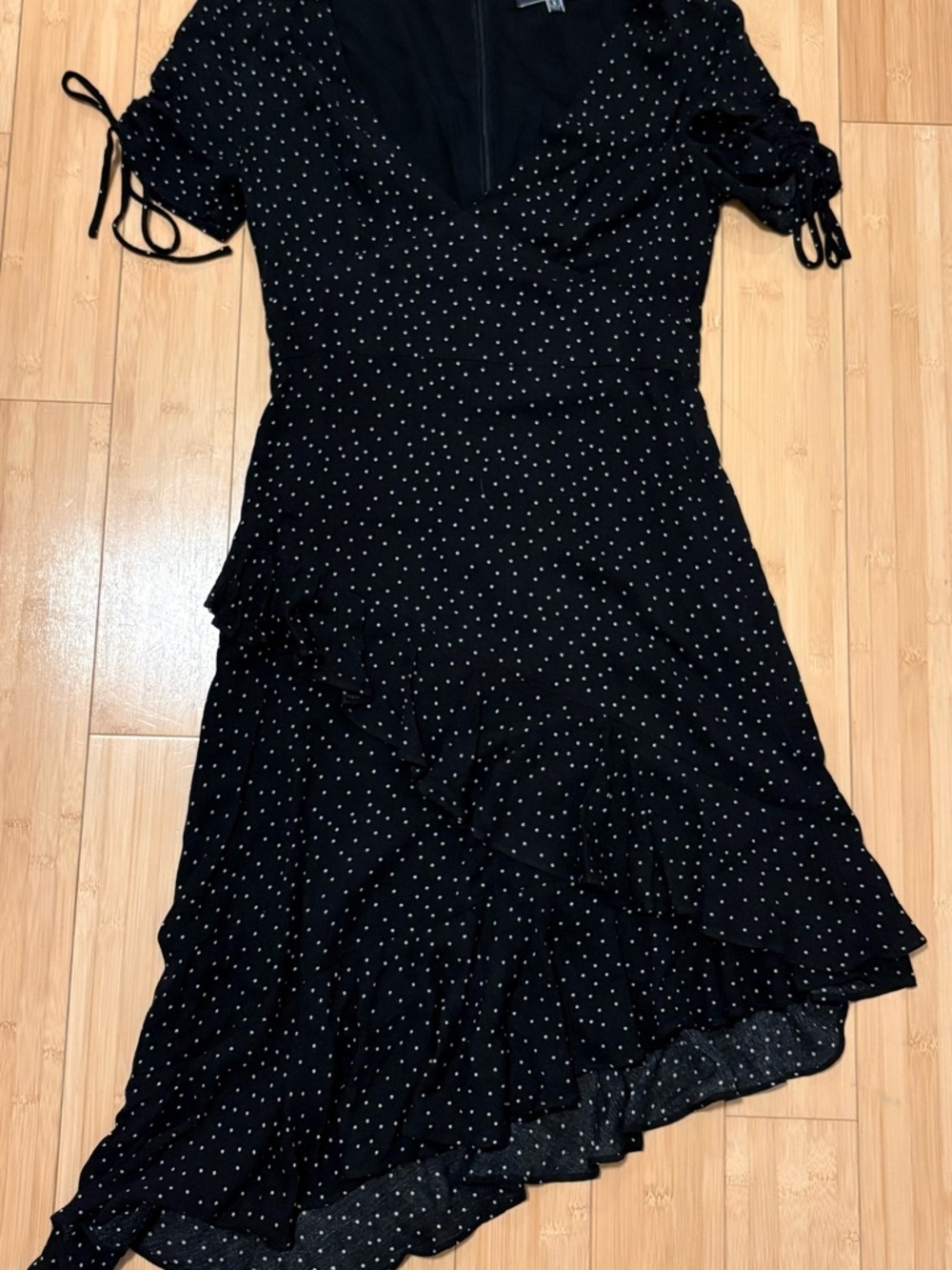 Black Polka Dot V‑Neck Asymmetrical Ruffle Dress Size Small - Picture 3 of 8